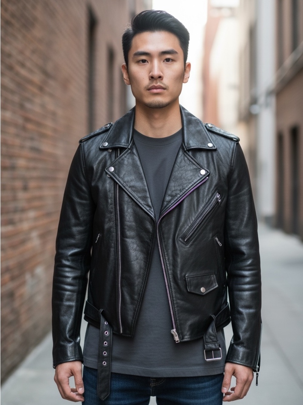 Men's Black Leather Biker Jacket - Classic Moto Style